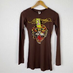 Ed Hardy Christian Audigier Brown Tiger Print Long Sleeve Tunic T-Shirt